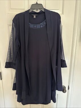 R&M Richards Navy Blue/deep purple Two-Piece Midi Dress with Sheer Overlay